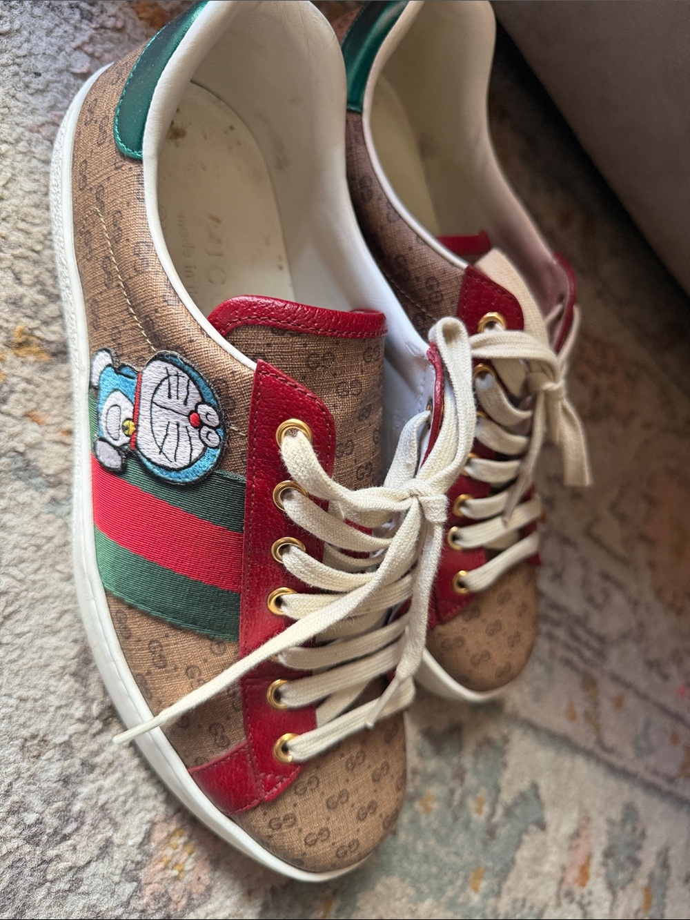 Gucci Brown Canvas Kids Sneakers with Red & Green Stripe and Blue Patch